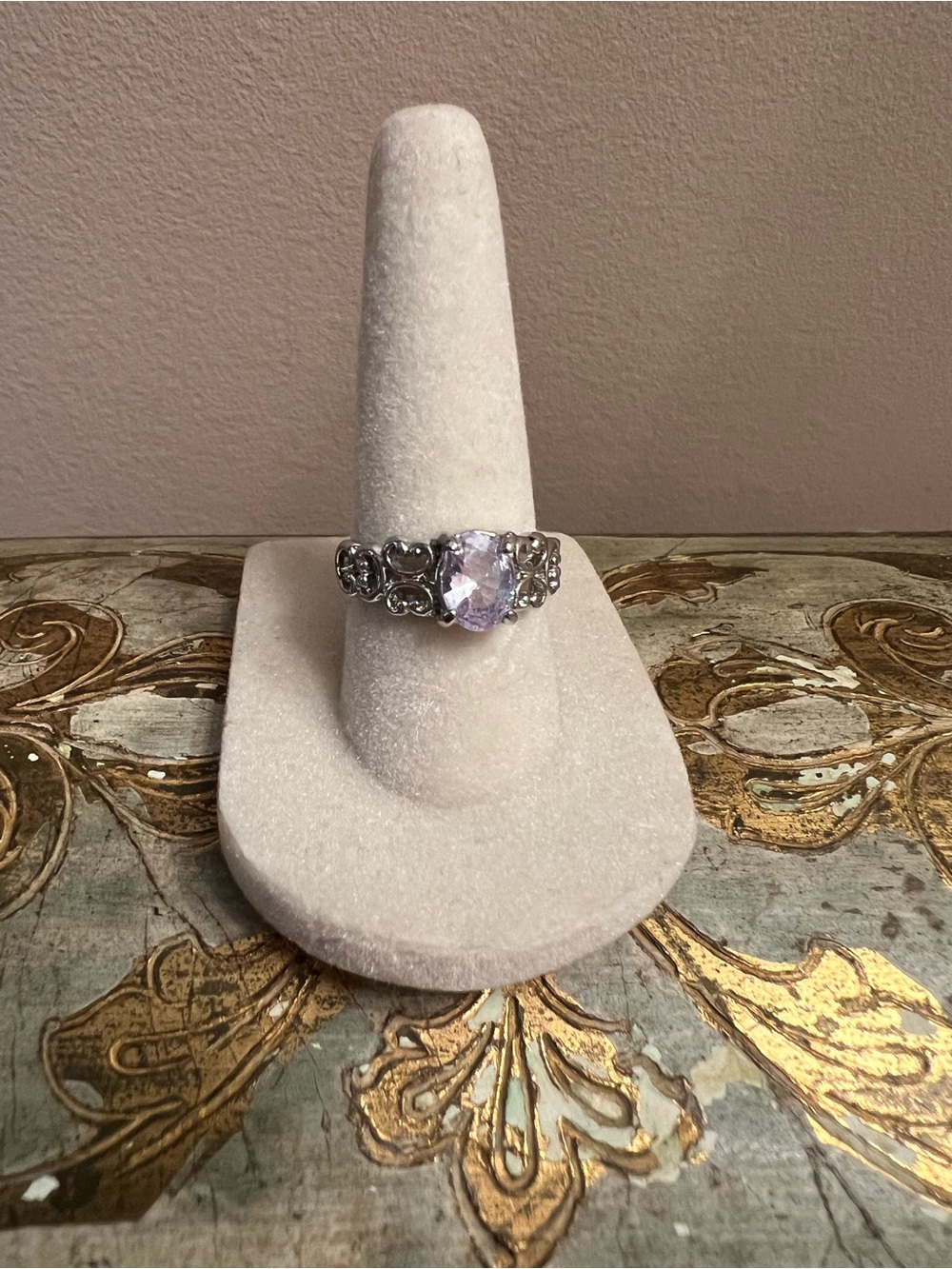 Silver Filigree Lavender CZ Stone Ring Size 7